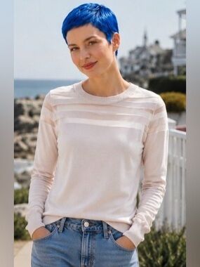 Carmen Marc Valvo Sheer Stripe Lightweight Sweater Cream Beige XS